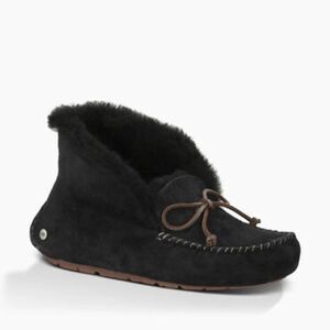 UGG Alena Flip Cuff Mock Slipper - Black Suede & Sherpa | Size Kids 2